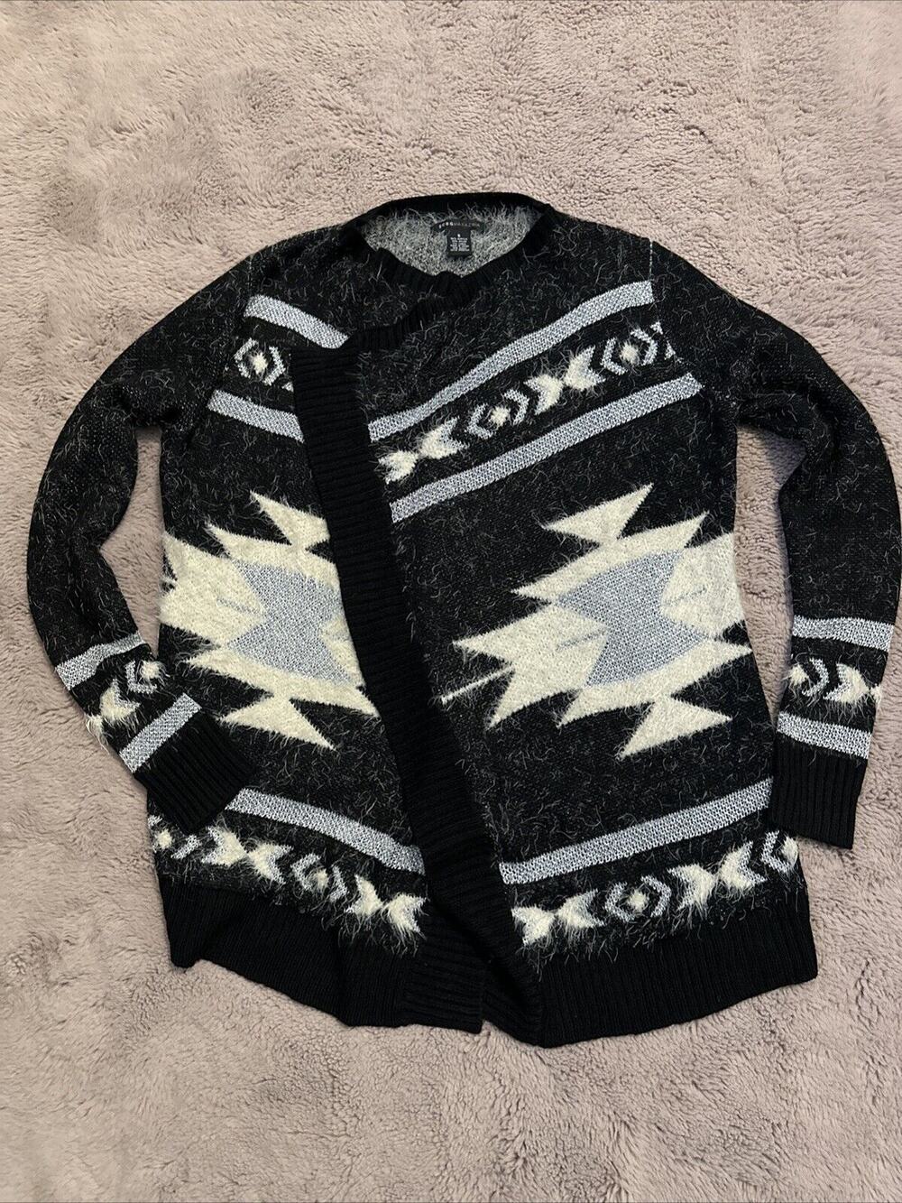 BCBG Cardigan Sweater Top Aztec Knit Open Drape Front Black Silver Long Sleeve S